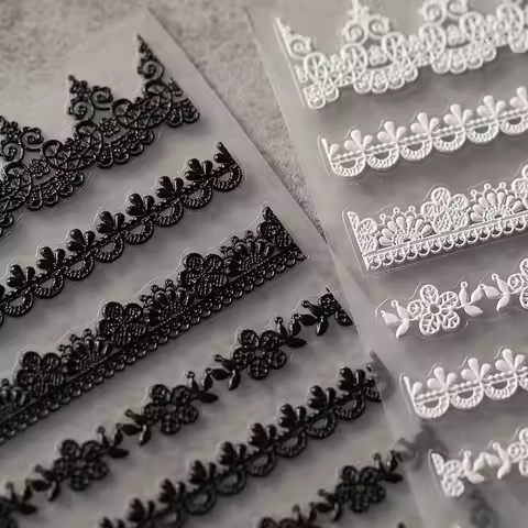 Black White Flowers Design Vintage Lace 5D Soft Embossed Reliefs Self Adhesive Nail Art Stickers Ret