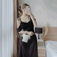 [Voucher 50k Freeship Max 0 đồng toàn quốc] Đầm lụa đi tiệc trễ vai đầm hai dây cổ đổ váy cổ đổ đầm 