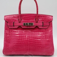 【飛天馬精品】HERMES 愛馬仕－手提包 Birkin 30 Porosus灣鱷 銀扣 天方夜譚粉紫 "F刻"