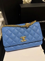 Chanel 24P WOC Blue Wallet on chain heart今季最新款心心調節扣心扣牛皮荔枝皮