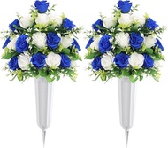 UArtlines 2Pcs Artificial Cemetery Flowers with Vase for Grave Silk Memorial Day Rose Flowers Bouque