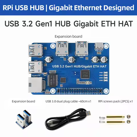 Raspberry Pi 4B USB 3.2 Gen1 HUB Gigabit ETH HAT 3x USB 3.2 Gen1 1x GigE Expansion Board Driver Free