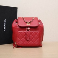 CHANEL Affinity雙肩包紅色荔枝牛皮23開金扣肩背包