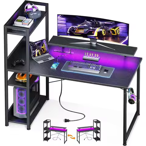 ODK 40 Inch Reversible Gaming Desk with LED Lights, Monitor Stand & Storage Shelves, Carbon Fiber Bl