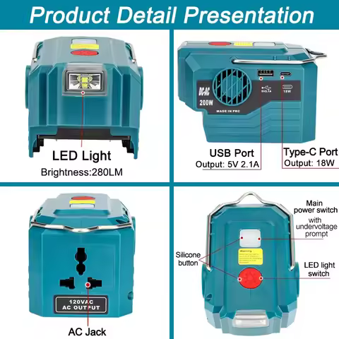 For Makita/Bosch/Dewalt/Milwaukee/Ryobi 18V Battery Outdoor Portable Inverter 200W AC 120-220V Modif