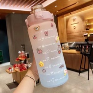 ❐♕™Portable Frosted Gradient Water Bottle With 3D Sticker 2L Sports Straw Water Bottle