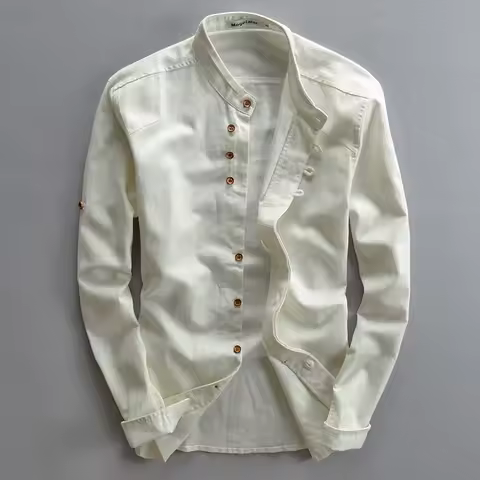 Men's Cotton Linen Shirts Long Sleeve Casual Slim Mandarin Collar Shirts High Quality Men Business C
