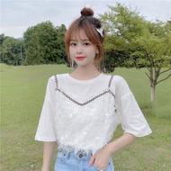 F Fake Two-Piece Round Neck Half-Sleeved T-Shirt Women Stitching Lace Summer Korean Version Top