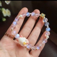 天然原礦 近玻璃體月光石鹿角雕九尾狐 設計手串手持sf