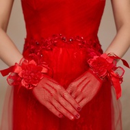 ถุงมือลูกไม้ลูกไม้ ถุงมือสั้นสำหรับแต่งงานแบบตาข่ายลายดอกไม้ ถุงมือถักถุงมือลูกไม้