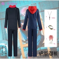 Anime Jujutsu Kaisen Itadori Yuji Cosplay Costume for Adult Men Black Blue Hoodie Jacket Pants Pink Short Wig Necklace Ring for Man Costumes Carnival Party Set Uniform