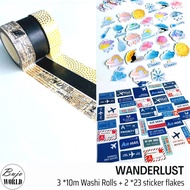 BujoWorld Bundle 3 Rolls 10M Washi Tape & 46 decorative stickers - WANDERLUST  Black Matte  Gold Dot