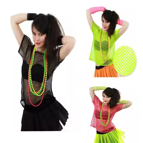 80s Fishnet Shirt Neon Party Costume Women Mesh Top Carnival Dance Outfit