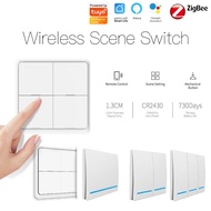 Tuya Smart Switch ZigBee Wireless Free Sticker 1/2/3/4 Way Panel 12 Scenes Key Switch Intelligent Linkage