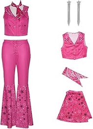 Margot Robbie Cosplay 70s 80s Hippie Disco Costume for Women Cowgirl Outfit Pink Flare Pant Set