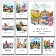 Vintage Germany Travel Poster Berlin Munich Hamburg Bremen Cityscape Print Minimalist Wall Art for L