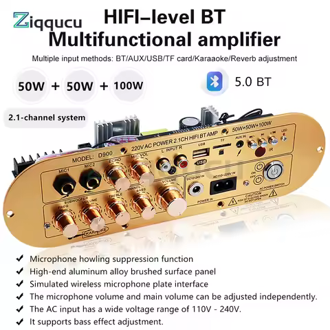 D900 2.1 Channel Bluetooth Amplifier Board DC 12-24V / AC 110-220V 50W+50W+100W High Power Subwoofer