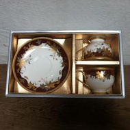 WH5525【四十八號老倉庫】全新 早期 韓國製 HANKOOK ENGLAND 燙金 楓葉 骨瓷 咖啡杯 1杯1盤價