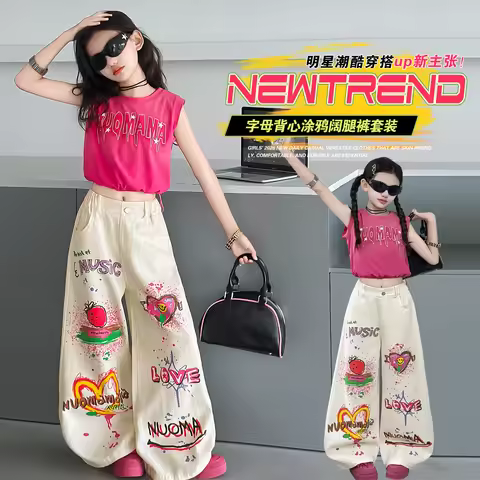 Summer 4-14Y Girls Wide Leg Chic Grunge Harajuku Graffiti Graphic Baggy Jeans Japanese Low Rise Y2K 