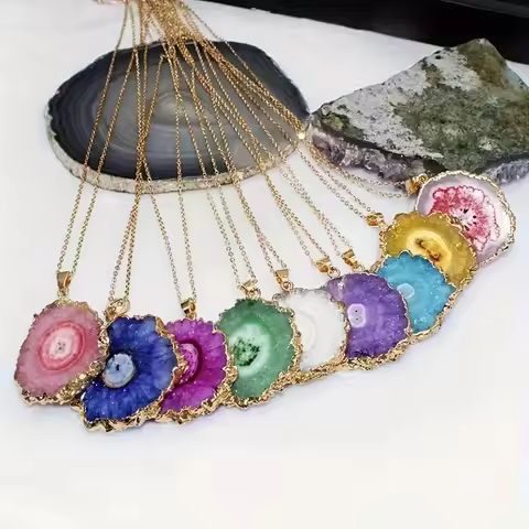 Natural Crystal Pendant Agate Necklace Healing Crystal Gemstone Irregular Polished Agate Slice Cryst