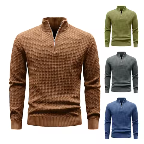 Men's Sweater Spring Outer Wear Quarter Zip Sweaters Polo Zip Pullover Cable Knit Mock Neck Turtlene