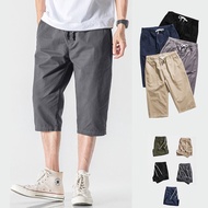 Korean Style 3/4 Pants Men Casual 3 Three Quarter Pants with Elastic Waistline