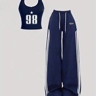 TEMU ชุดผู้หญิงสไตล์ Y2K/เกาหลี 2 ชิ้น - เสื้อคอฮาลเตอร์ทรงเข้ารูป & กางเกงขากว้างลายสีบล็อก, ชุดกาง