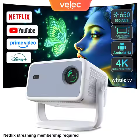 Velec TP350 NTV Projector Compatible with Netflix 650ANSI Android 13 Native 1080P With Auto Focus Sm