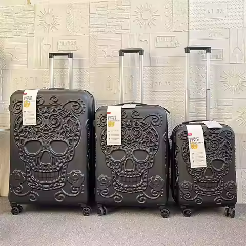 3D Skull Suitcase 20/24/28 inch New Fashion Cabin Rolling Luggage with Wheels Set of 3 Suitcases Tro