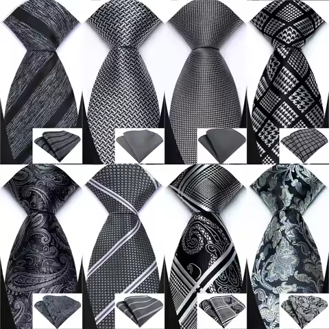 Business Mens Tie Dark Gray Black&White Striped Plaid 8cm NeckTie Pocket Square Set For Men Formal W