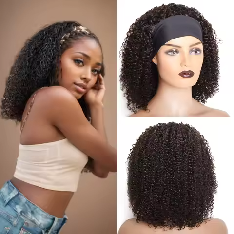 Curly Bob Headband Wig Brazilian Curly Human Hair Wig Wig for Black Women Headband Wig 180% Full Mac