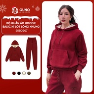 GUNO Women's Velvet Fur-Lined Sweatshirt Set Thick Hoodie Embroidered Logo with Super Warm Bear Pant