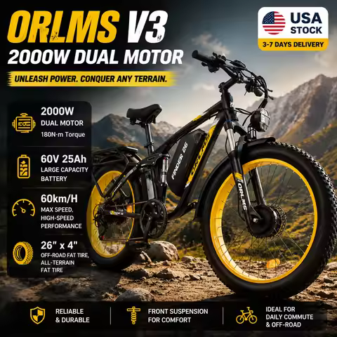 E-Bike ORLMS V3 for Adults 2000W Dual Motor Max Speed 60KM/H 180NM 60V 25Ah Lithium Battery 26"×4" F
