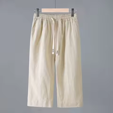 Men's Straight Casual Cotton Linen 7-points Pants Lightweight Baggy Solid Middle Pants Outdoor Breat