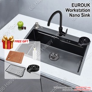 [Combo Set] EUROUK Nano Black Sink Stainless Steel SUS 304 Single Bowl 60/68/75cm x 45cm Kitchen Sin