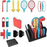 AriKroii Switch Sports Accessories 16 in 1 Bundle Pack for Nintendo Switch &amp; Switch OLED with Tennis Rackets, Soccer Leg Straps &amp; Joycon Grips Golf Clubs, Family Sports Games Pack Accessories Kit