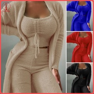 fulaide 3 Pcs/Set Women Pajamas Set Solid Color Plush Short Tops Low-cut Loungewear Keep Thermal Poc