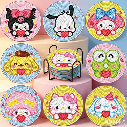 8Pcs Hello Kitty  Characters Diamond Painting Coaster Kit, 5D Full Drill Cute Cartoon Rhinestone Dri