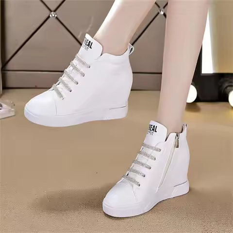 7cm Women White rhinestone sequins Wedge Sneakers Designer Hidden High Heels Sneakers Lace-up Ladies