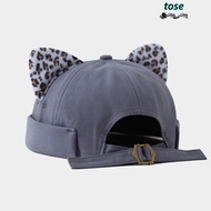 TOSE Melon Docker Cap, Rolled Cuff Solid Color Brimless Hat, Retro Style Leopard Print Cat Ears Adju