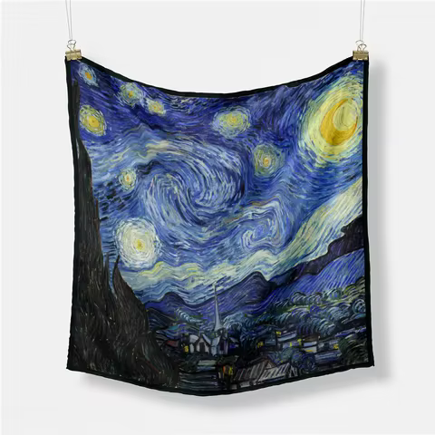 POBING Twill Silk Scarf Woman Van Gogh Print Square Scarves Wraps Bandana Small Hijabs Foulards Tie 