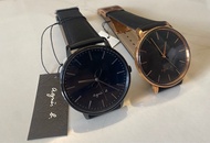 （清倉）全新 agnès b.  Agnes b watch 中性真皮帶手錶 39-40mm 男女裝 新年 禮物 黑金 大圈 簡約
