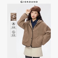 GIORDANO Women Jackets Teddy Fleece Soft Warm Hooded Jacket Contrasting Trim Button Closure Fashion