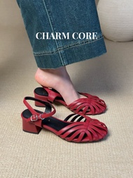 รองเท้าแตะส้นสูงสไตล์โรมัน Charm Core สำหรับผู้หญิง สไตล์ย้อนยุค ส่วนบนทำจากหนังวัวสองชั้น ด้านในทำจ