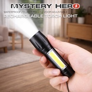 MysteryHero Rechargeable Torch Light LED Zoomable Waterproof 3 Light Modes COB Free Box Lampu Suluh 