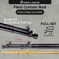 Shade & Shelter Flexi Extendable Curtain Rod Secure Sturdy Complete Full Set (4/6/8/10/12ft) Curtain