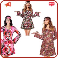 [BEST DFFER ] 70s Women's Happie Costume Retro Print Flared Sleeve Dress with Headband Earrings Necklace Disco Costume Masquerade Halloween Cosplay Gift New