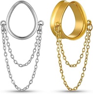 1 Pair Dangle Chain Teardrop Ear Plugs Gauges Expander for Stretched Ears Hypoallergenic 316 Stainle
