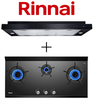 RINNAI RH-S329-PBR 90CM SLIMLINE HOOD WITH TOUCH CONTROL + RINNAI RB-3CGN 3 BURNER INNER FLAME GLASS GAS HOB