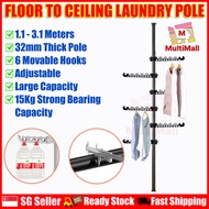 Floor to Ceiling Pole 3.1m 6 Hooks Black Adjustable Space Saver Wide Application